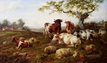 moutons au repos et Cerf une ferme au delà Peinture à l'huile